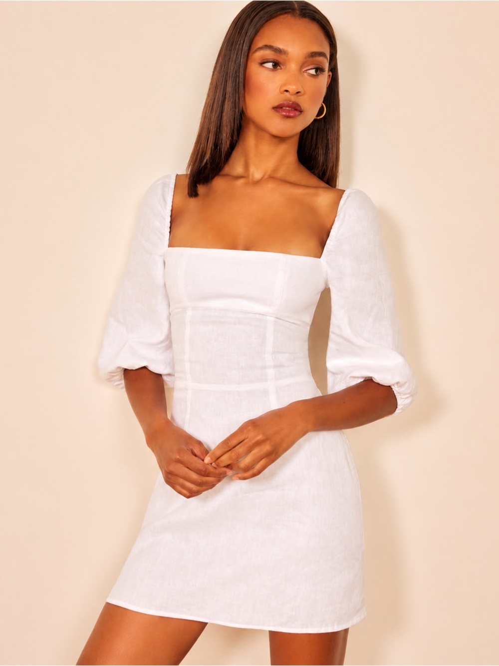 Reformation Hampstead White Linen Puff Sleeve Mini Dress Size 0 ๐